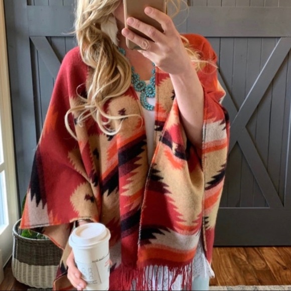 New Western Aztec Native Wrap Blanket Cardigan Sweater Ruana Women's Boho Vtg - Picture 11 of 11